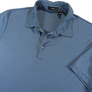 Theory Mens Polo Shirt XL Slim Fit Blue Fine Geometric Textured Check Cotton